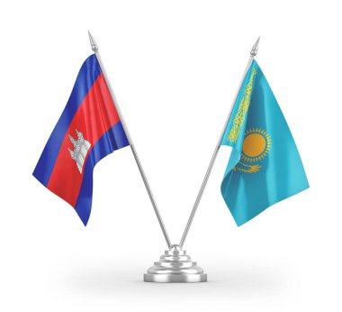 Kazakistan ve Kamboçya masa bayrakları beyaz arkaplanda izole edilmiş 3d görüntüleme 