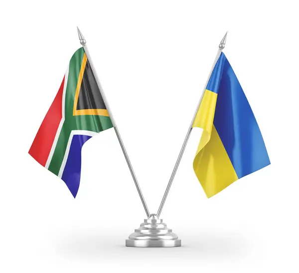 Banderas Mesa Ucrania Sudáfrica Aisladas Sobre Fondo Blanco — Foto de Stock