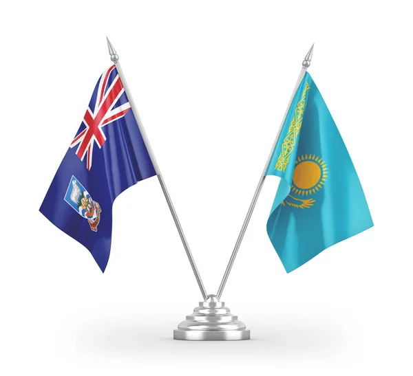Bandeiras Mesa Cazaquistão Ilhas Falkland Isoladas Fundo Branco Renderização — Fotografia de Stock