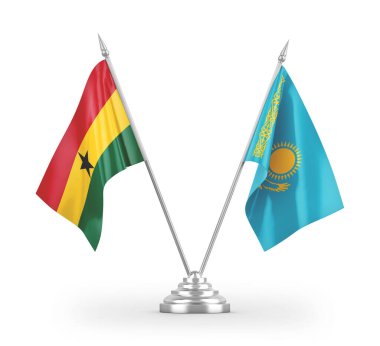 Kazakistan ve Gana masa bayrakları beyaz arkaplanda izole edilmiş 3D görüntüleme