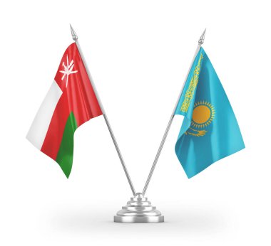 Kazakistan ve Umman masa bayrakları beyaz arkaplandaki 3D görüntüleme
