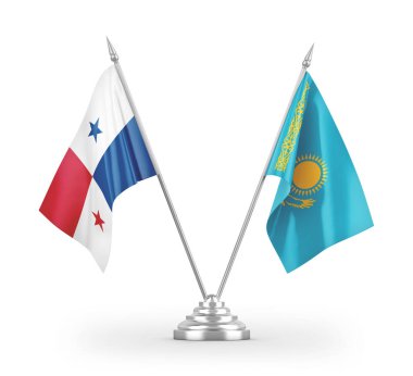 Kazakistan ve Panama masa bayrakları beyaz arkaplanda izole edilmiş 3d görüntüleme