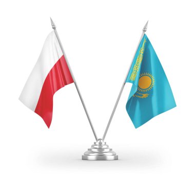 Kazakistan ve Polonya masa bayrakları beyaz zemin üzerinde izole edilmiş 3D görüntüleme