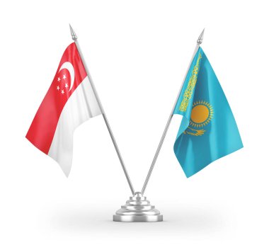 Kazakistan ve Singapur masa bayrakları beyaz arkaplanda izole edilmiş 3d görüntüleme
