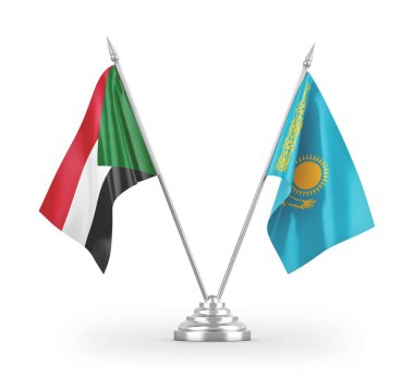 Kazakistan ve Sudan masa bayrakları beyaz arkaplandaki 3D görüntüleme 