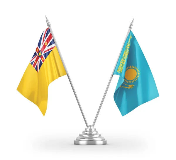 Bandeiras Mesa Cazaquistão Niue Isoladas Fundo Branco Renderização — Fotografia de Stock