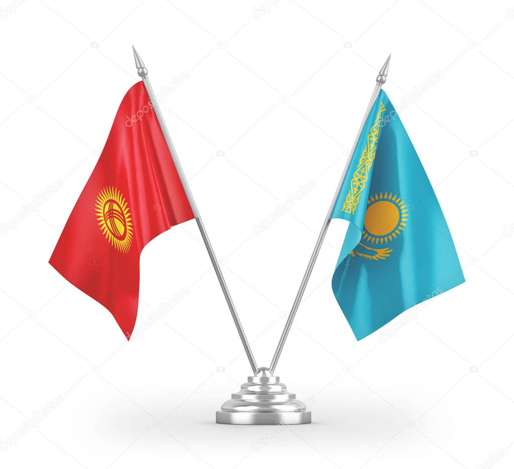 Kazakhstan and Kyrgyzstan table flags isolated on white background 3D rendering