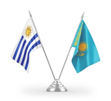 Kazakistan ve Uruguay masa bayrakları beyaz arkaplanda izole edilmiş 3d görüntüleme