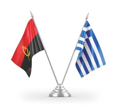 Yunanistan ve Angola masa bayrakları beyaz arkaplandaki 3D görüntülere izole edilmiş
