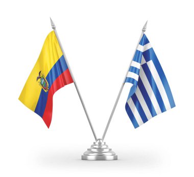 Yunanistan ve Ekvador masa bayrakları beyaz arka planda izole edilmiş 3d görüntüleme