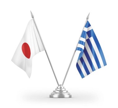 Yunanistan ve Japonya bayrakları beyaz arkaplanda izole edilmiş 3D görüntüleme