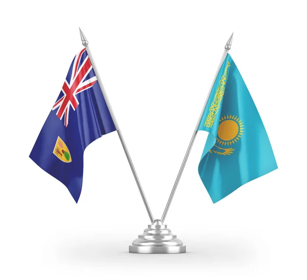Bandeiras Mesa Cazaquistão Ilhas Turcas Caicos Isoladas Fundo Branco Renderização — Fotografia de Stock