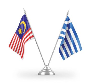 Yunanistan ve Malezya masa bayrakları beyaz arka planda izole edilmiş 3D görüntüleme