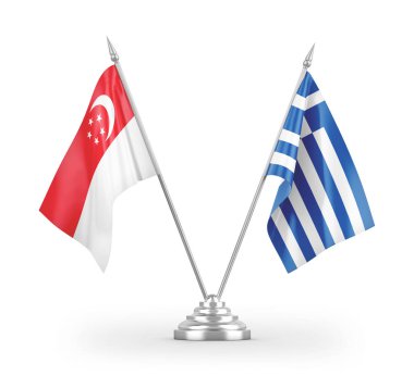 Yunanistan ve Singapur masa bayrakları beyaz arka planda izole edilmiş 3D görüntüleme