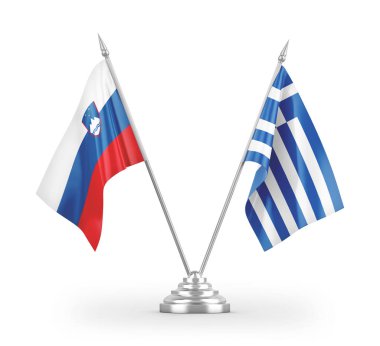 Yunanistan ve Slovenya masa bayrakları beyaz arkaplandaki 3D görüntülere izole edilmiş