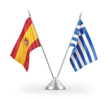 Yunanistan ve İspanya bayrakları beyaz arkaplanda izole edilmiş 3D görüntüleme