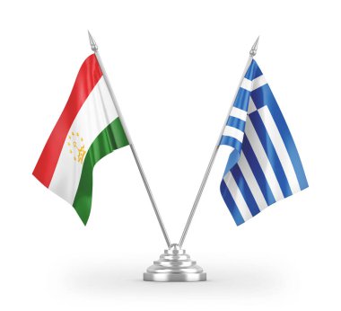 Yunanistan ve Tacikistan masa bayrakları beyaz arka planda izole edilmiş 3D görüntüleme