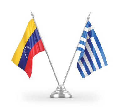 Yunanistan ve Venezuela masa bayrakları beyaz arka planda izole edilmiş 3D görüntüleme