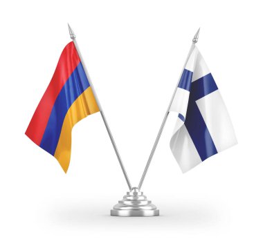 Finlandiya ve Ermenistan masa bayrakları beyaz arka plan 3D görüntüleme üzerinde izole edilmiş