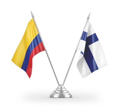 Finlandiya ve Kolombiya masa bayrakları beyaz arka plan 3D görüntüleme üzerinde izole edilmiştir