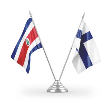 Finlandiya ve Kosta Rika masa bayrakları beyaz arkaplandaki 3D görüntüleme