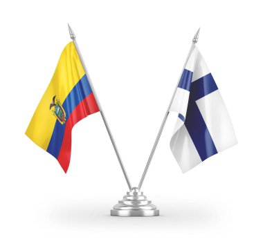 Finlandiya ve Ekvador masa bayrakları beyaz arkaplan 3d görüntüleme üzerinde izole edilmiştir