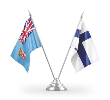 Finlandiya ve Fiji masa bayrakları beyaz arkaplan 3d görüntüleme üzerinde izole edilmiş