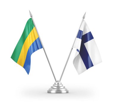 Finlandiya ve Gabon masa bayrakları beyaz arkaplan 3D görüntüleme üzerinde izole edilmiştir