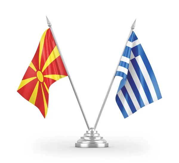 Επιτραπέζιες Σημαίες Ελλάδας Και Βόρειας Μακεδονίας Που Απομονώνονται Λευκό Φόντο — Φωτογραφία Αρχείου