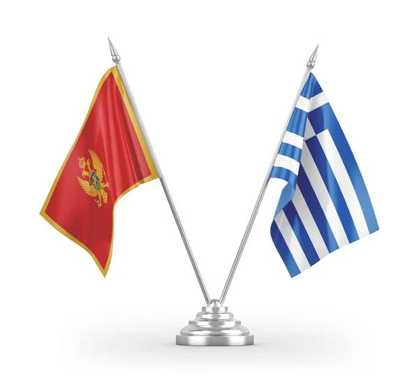Bandiere Tavolo Grecia Montenegro Isolate Sfondo Bianco Rendering — Foto Stock