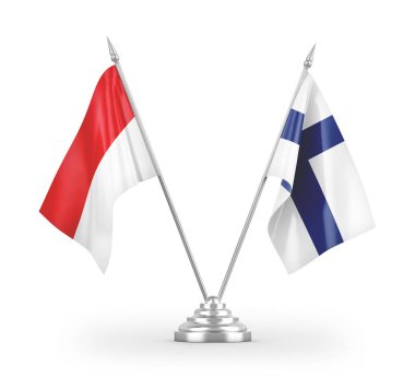 Finlandiya ve Endonezya masa bayrakları beyaz arkaplan 3D görüntüleme üzerinde izole edilmiştir