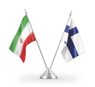 Finlandiya ve İran bayrakları beyaz arka planda izole edilmiş 3D görüntüleme