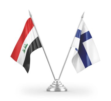 Finlandiya ve Irak bayrakları beyaz arka planda izole edilmiş 3D görüntüleme