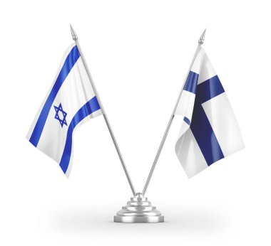 Finlandiya ve İsrail bayrakları beyaz arkaplanda izole edilmiş 3D görüntüleme