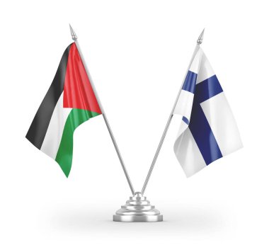 Finlandiya ve Filistin masa bayrakları beyaz arka planda izole edilmiş 3D görüntüleme