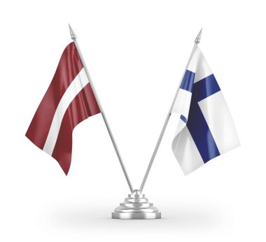 Finlandiya ve Letonya bayrakları beyaz arkaplan 3d görüntüleme üzerinde izole edilmiş