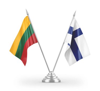 Finlandiya ve Litvanya masa bayrakları beyaz arka planda izole edilmiş 3D görüntüleme