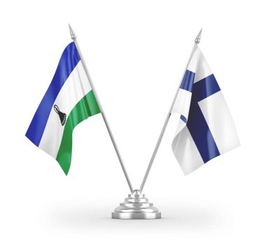 Finlandiya ve Lesotho masa bayrakları beyaz arkaplan 3d görüntüleme üzerinde izole edilmiştir