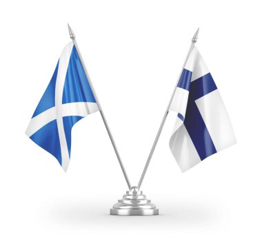 Finlandiya ve İskoçya bayrakları beyaz arka planda izole edilmiş 3D görüntüleme