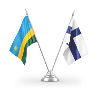 Finlandiya ve Ruanda masa bayrakları beyaz arkaplan 3D görüntüleme üzerinde izole edildi