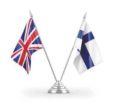 Finlandiya ve Birleşik Krallık bayrakları beyaz arkaplan 3d görüntüleme üzerinde izole edilmiş