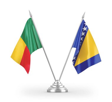 Bosna-Hersek ve Benin masa bayrakları beyaz arka planda izole edilmiş 3D görüntüleme 