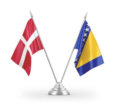 Bosna-Hersek ve Danimarka bayrakları beyaz zemin üzerinde izole edilmiş 3D görüntüleme