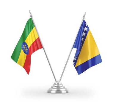 Bosna-Hersek ve Etiyopya masa bayrakları beyaz zemin üzerinde izole edilmiş 3D
