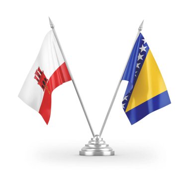 Bosna-Hersek ve Cebelitarık masa bayrakları beyaz zemin üzerinde izole edilmiş 3D