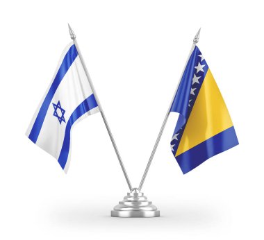 Bosna-Hersek ve İsrail bayrakları beyaz arka planda izole edilmiş 3D görüntüleme