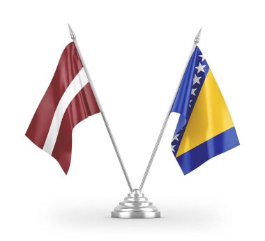 Bosna-Hersek ve Letonya masa bayrakları beyaz arkaplandaki 3D görüntülere izole edildi