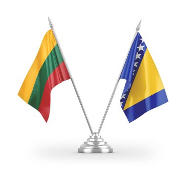 Bosna-Hersek ve Litvanya masa bayrakları beyaz arka planda izole edilmiş 3D görüntüleme