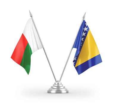 Bosna-Hersek ve Madagaskar masa bayrakları beyaz arka planda izole edilmiş 3D görüntüleme