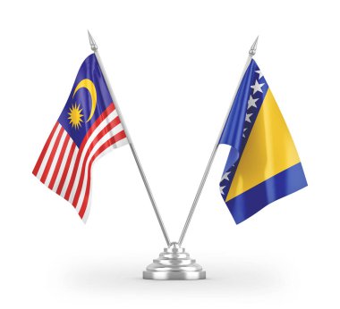 Bosna-Hersek ve Malezya masa bayrakları beyaz zemin üzerinde izole edilmiş 3D görüntüleme